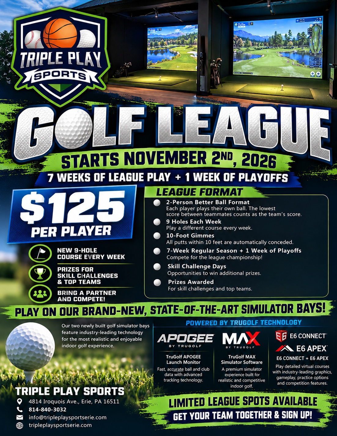 Triple Play Golf League flyer: starts November 2, 2026, $125 per player, two-person better ball, seven weeks plus playoffs
