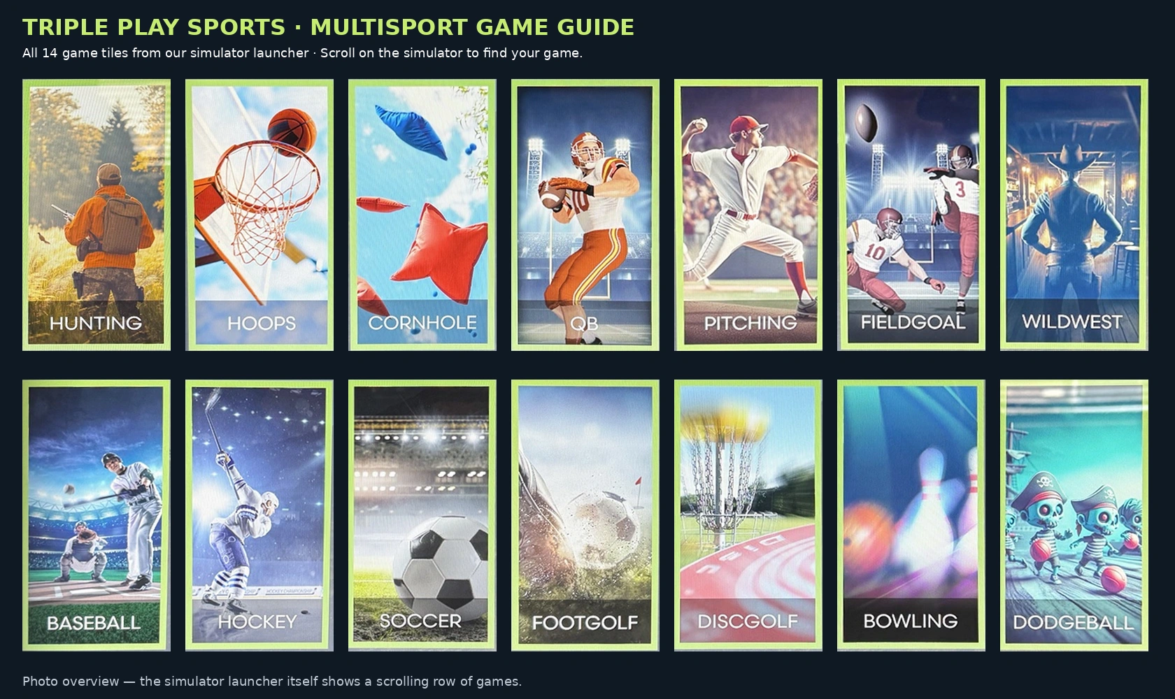 All 14 MultiSport game tiles together: Hunting, Hoops, Cornhole, QB, Pitching, Fieldgoal, Wildwest, Baseball, Hockey, Soccer, Footgolf, Discgolf, Bowling and Dodgeball