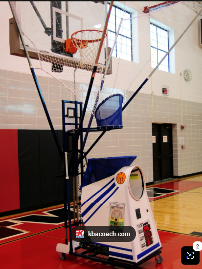 Reference photo of an older Shoot-A-Way basketball shooting machine with rebound net